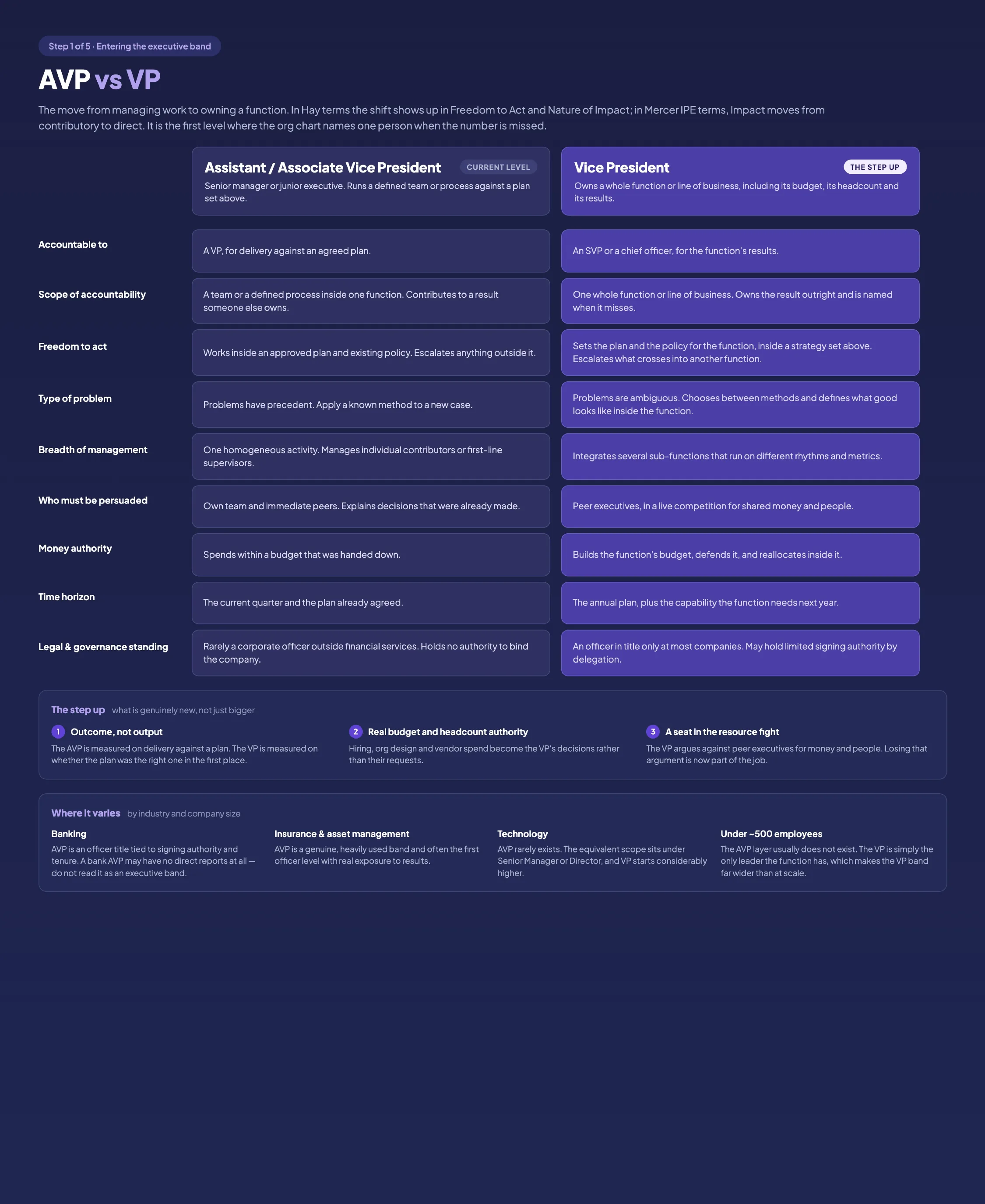 AVP vs VP comparison chart contrasting an Assistant or Associate Vice President with a Vice President across scope, budget authority, freedom to act, and reporting line.